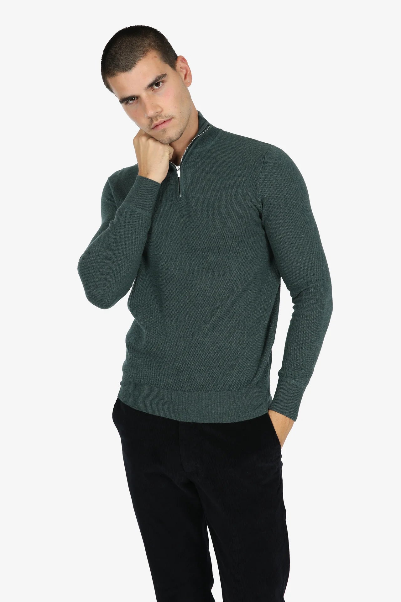 JAMES HARPER - Cotton Cashmere Diamond Knit 1/4 ZIP GREEN MARLE
