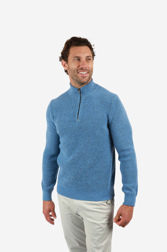 James Harper - Ribbed 1/4 zip knitwear BLUE