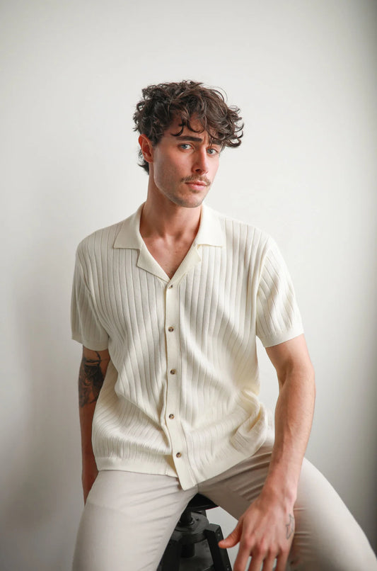 JAMES HARPER RIB BUTTON THROUGH SHIRT - NATURAL