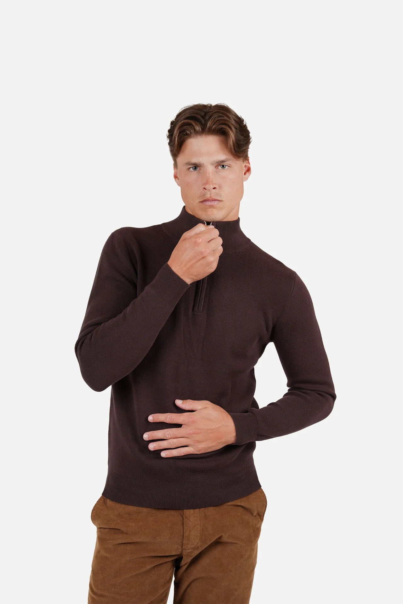 James Harper - 1/4 Zip Marle Knit SEPIA
