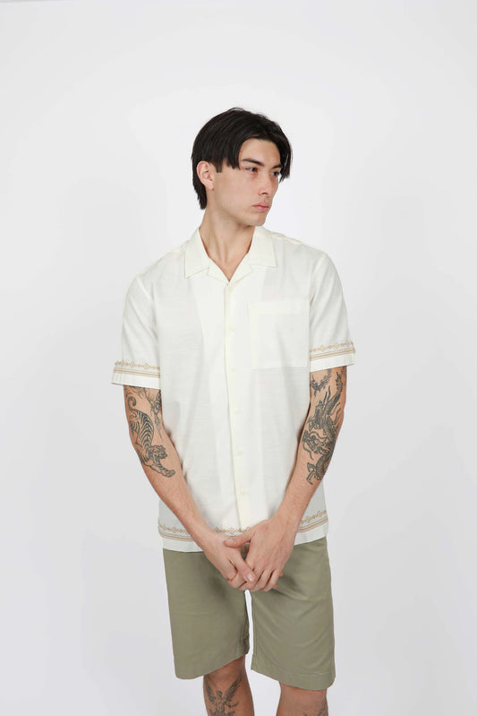 James Harper - NATURAL Aztec Embroidered Cotton Shirt WHITE