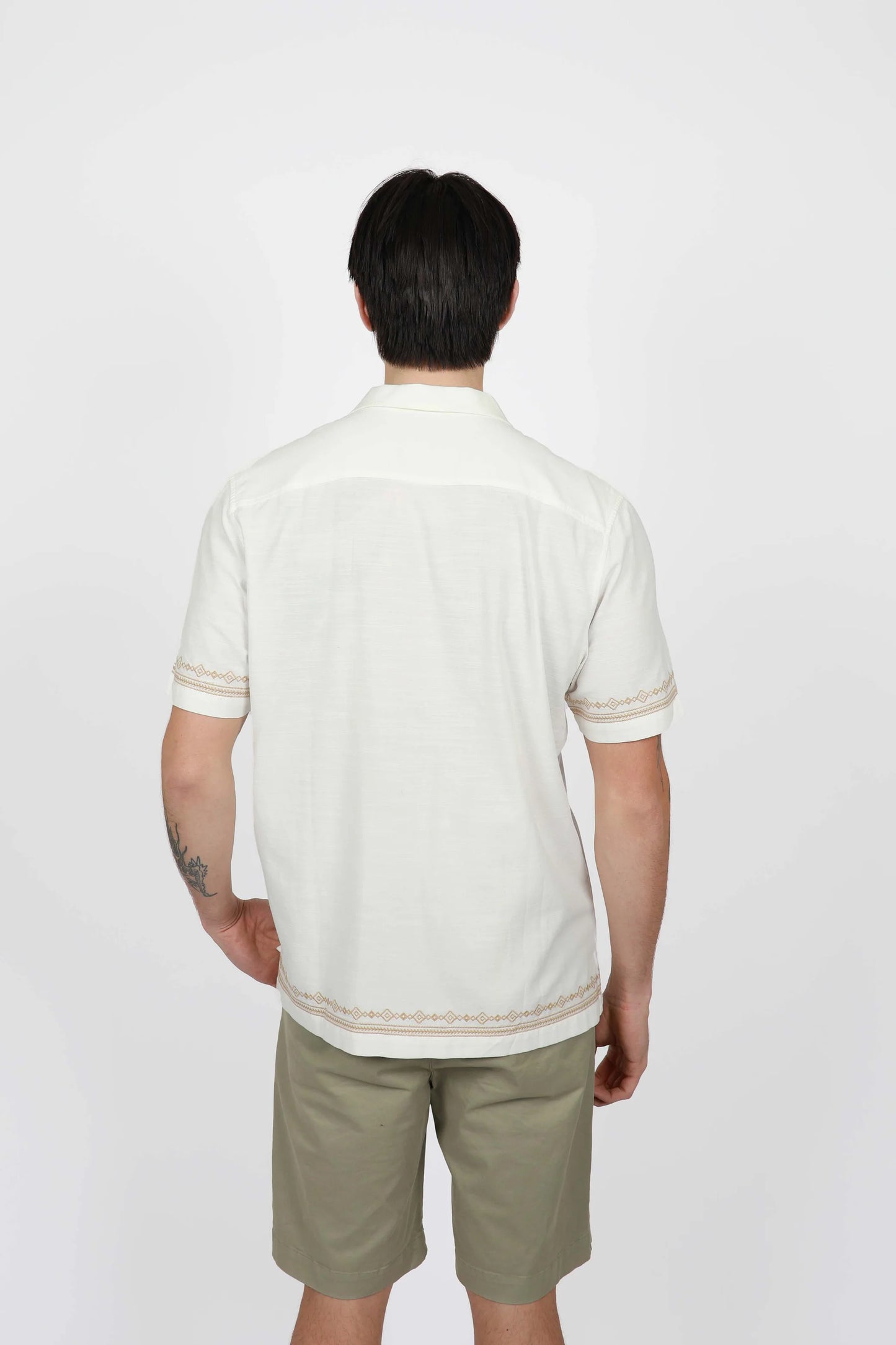 James Harper - NATURAL Aztec Embroidered Cotton Shirt WHITE